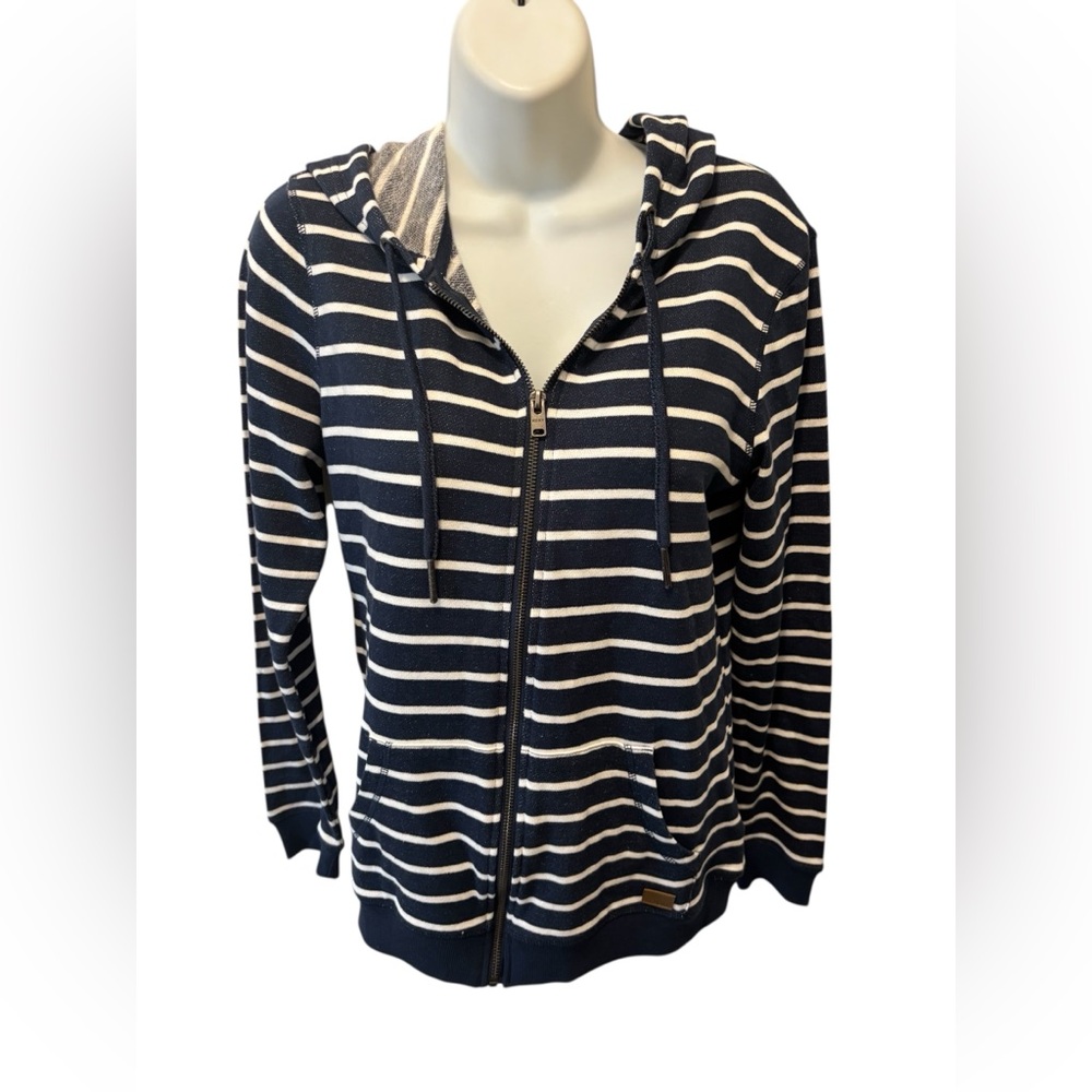 Roxy French Terry Full Zip Hoodie Sz S Navy/White Stripe Pockets Beach Sailing